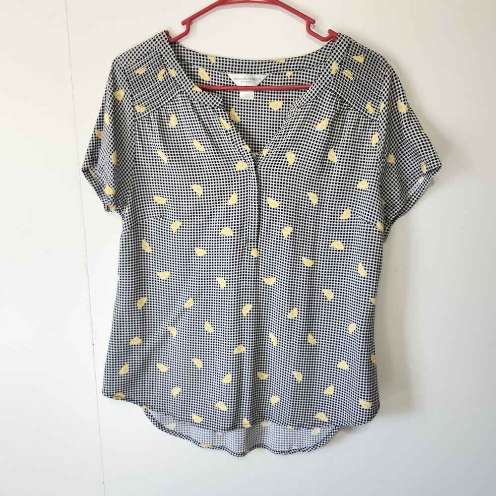 Christopher & Banks Women’s Petite M Lemon Gingham Popover Blouse Cottagecore